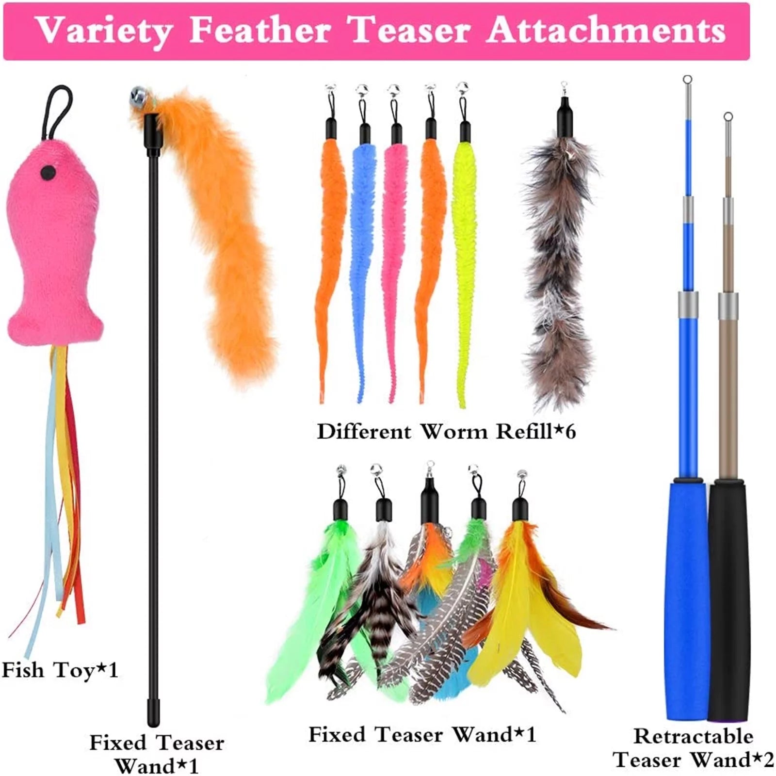 Unleash the Fun! 🐾 13PCS Cat Feather Teaser Refills + 2PCS Retractable Wands for Endless Playtime! 🎉🐱✨