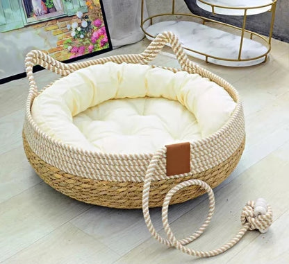 Cozy Summer Cat Bed: Stylish & Washable Woven Rattan Retreat for Your Feline Friend! 🐾✨