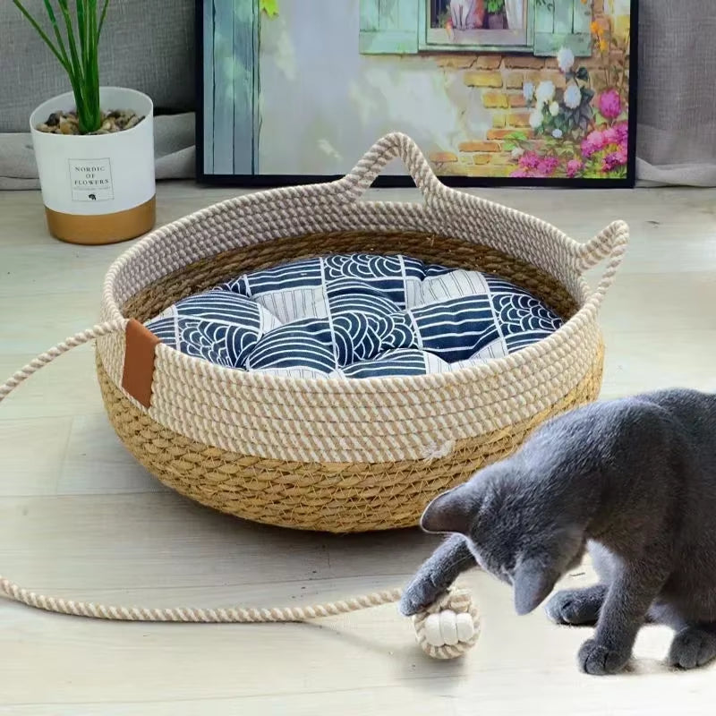 Cozy Summer Cat Bed: Stylish & Washable Woven Rattan Retreat for Your Feline Friend! 🐾✨