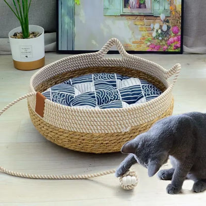 Cozy Summer Cat Bed: Stylish & Washable Woven Rattan Retreat for Your Feline Friend! 🐾✨