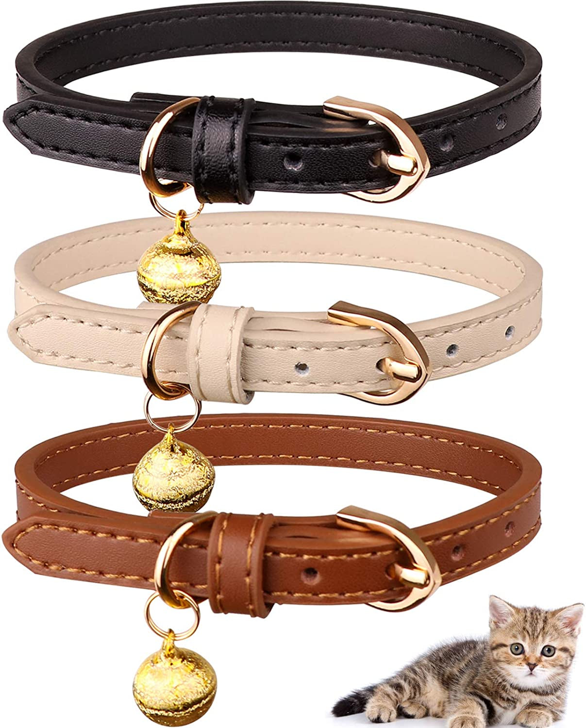3 Pack Leather Cat Collars with Bells 
