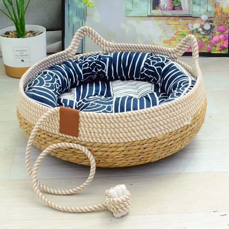 Cozy Summer Cat Bed: Stylish & Washable Woven Rattan Retreat for Your Feline Friend! 🐾✨