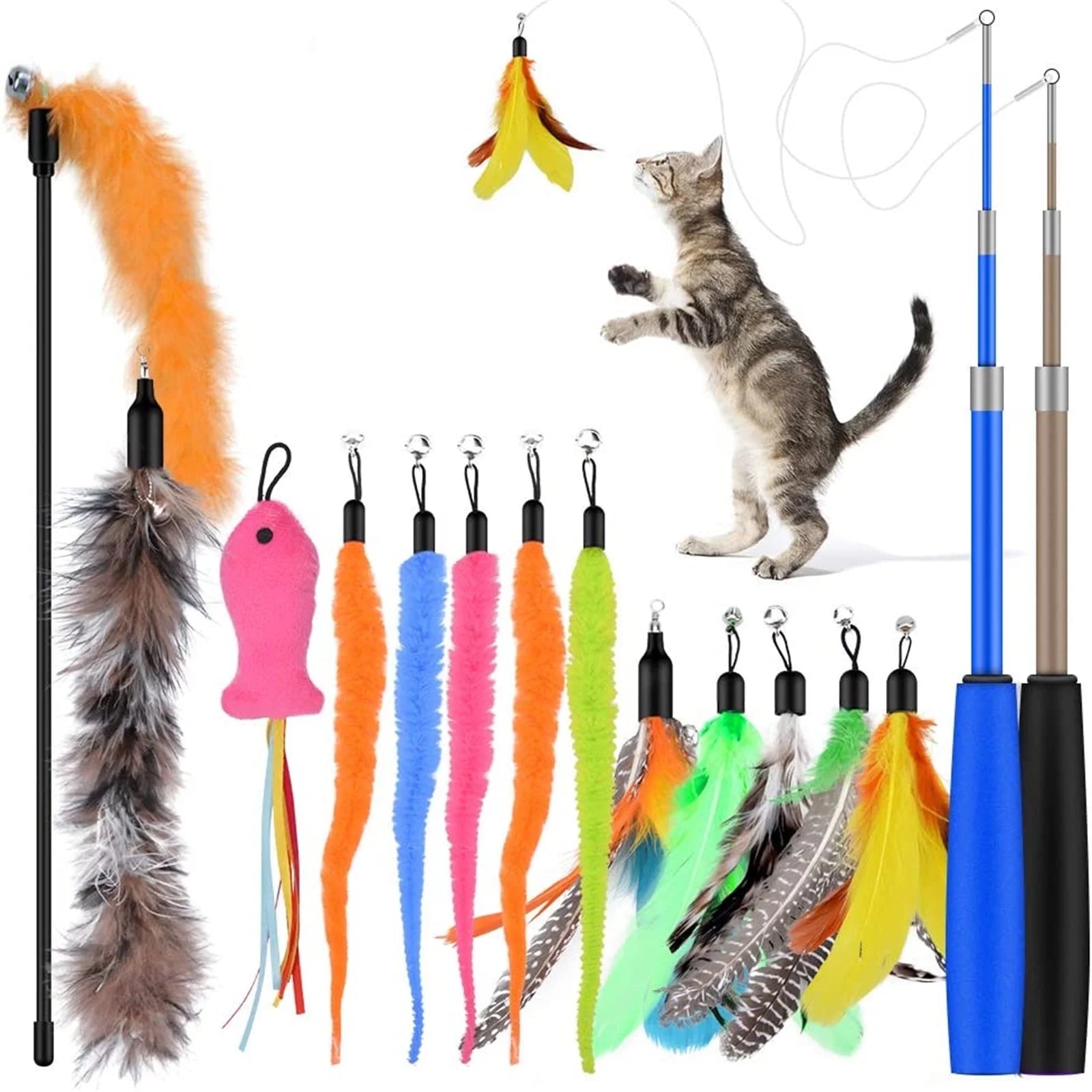 Unleash the Fun! 🐾 13PCS Cat Feather Teaser Refills + 2PCS Retractable Wands for Endless Playtime! 🎉🐱✨