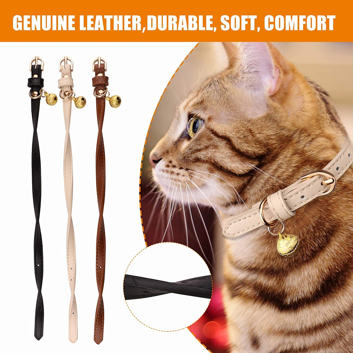 3 Pack Leather Cat Collars with Bells 
