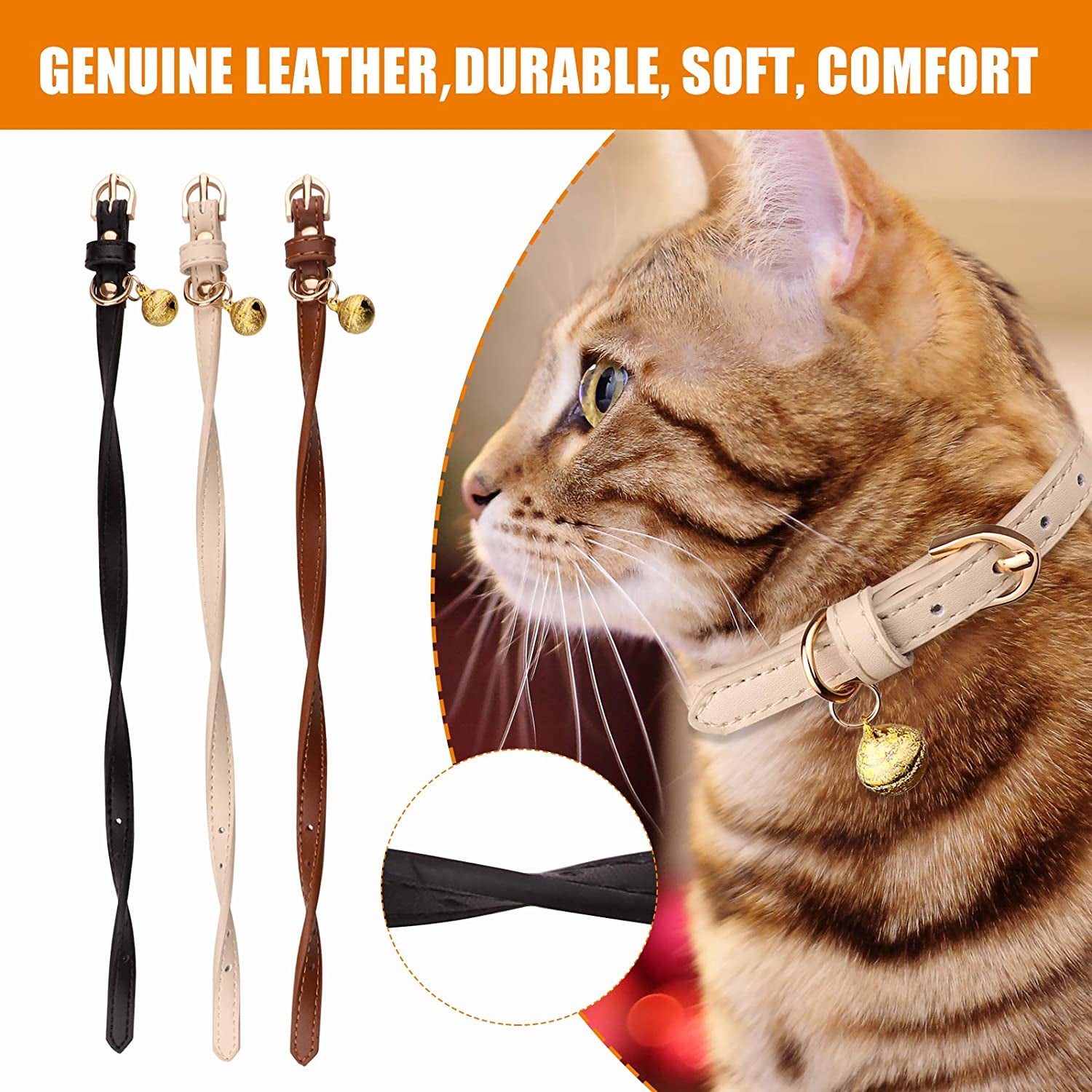 3 Pack Leather Cat Collars with Bells 
